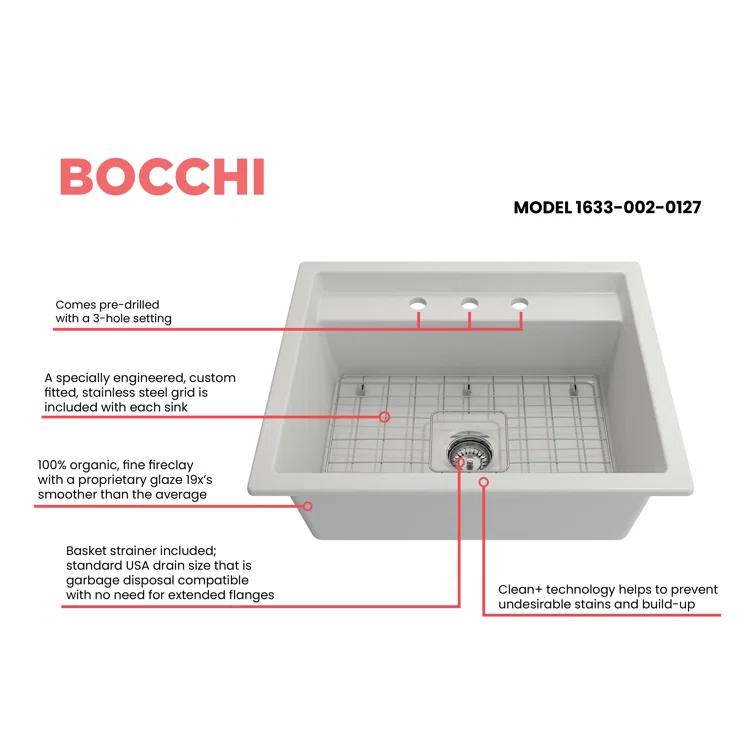 BOCCHI Baveno 27'' L Dual Mount Single Bowl Fireclay Kitchen Sink 1633-002-0127