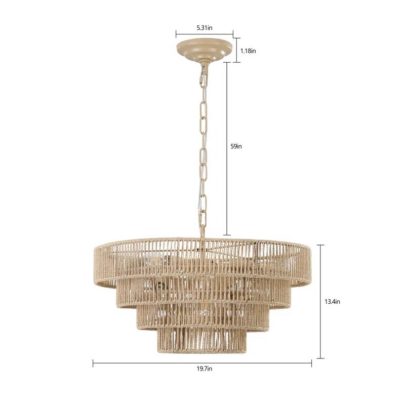 Rosecliff Heights Bohemian style Woven Pendant Light 19.7 Inch Rattan Ligh Large Rattan Pendant Light with 4-Tier Rattan Chandelier--Wood