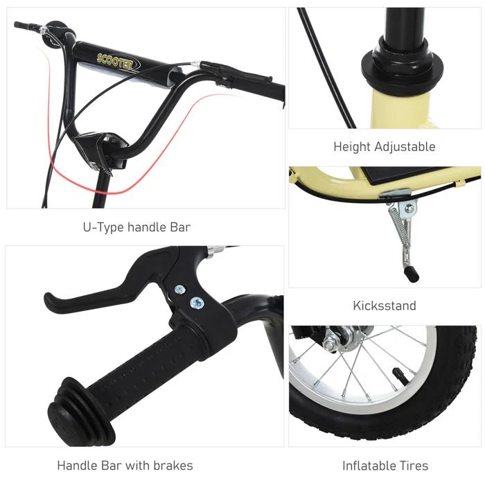 Aosom Youth Scooter Front and Rear Caliper Dual Brakes Inflatable Front Wheel Ride On Toy
