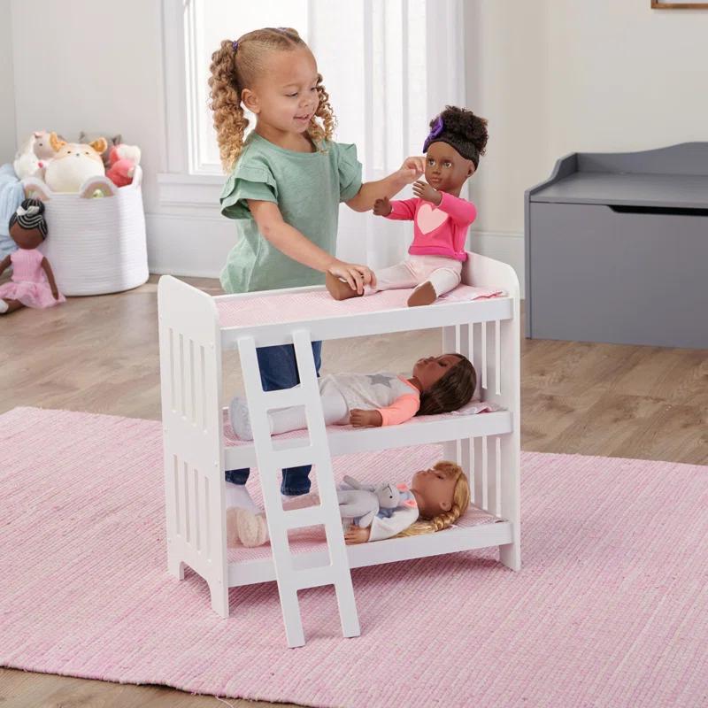Badger Basket Triple Doll Bunk Bed with Ladder, Bedding, and Free Personalization Kit - Pink Gingham