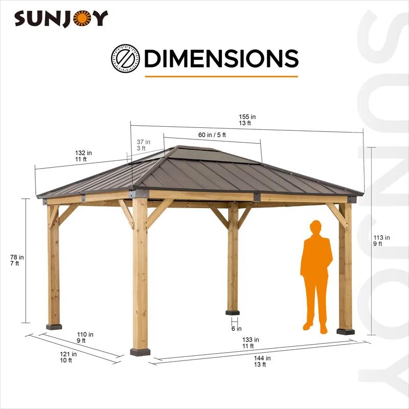 Sunjoy Sunjoy Hardtop Gazebo 11 x 13 ft. Upgrade Cedar Framed Wood Gazebos with Brown Steel and Polycarbonate Hip Roof Hardtop for Garden, Backyard Shade,