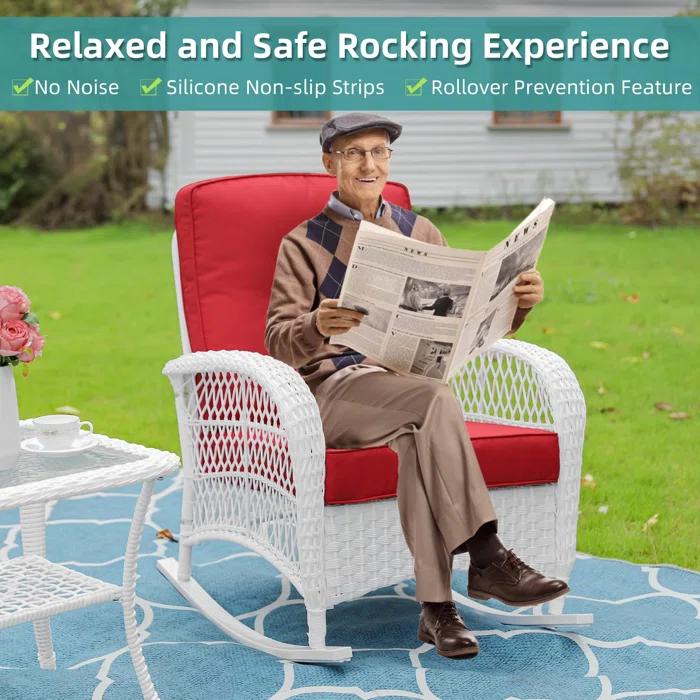 Beachcrest Home™ Beachcrest Home Outdoor Wicker Rocking Chairs Set Of 2, Rattan Patio Rocker Chairs With Thick Cushions And High Back, All-Weather Patio Wicker Chair With Safe Rocking Design For Garden, White Wicker