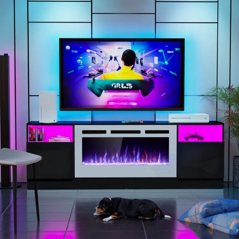 Ivy Bronx Ivy Bronx 70" Fireplace TV Stand for TVs Up to 80" with 36" Electric Fireplace, TV Console for The Living Room, LED Light Entertainment Center, Storage Cabinet, Media Console Table