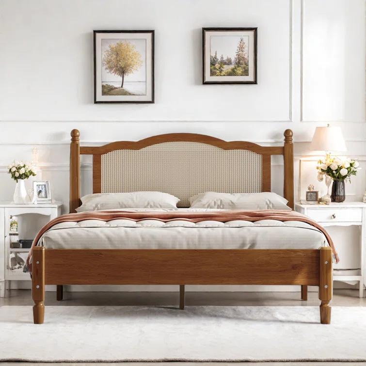 Velvetvanguards Bohemian Wooden Platform Bed With Natural Rattan Headboard And Arc Design