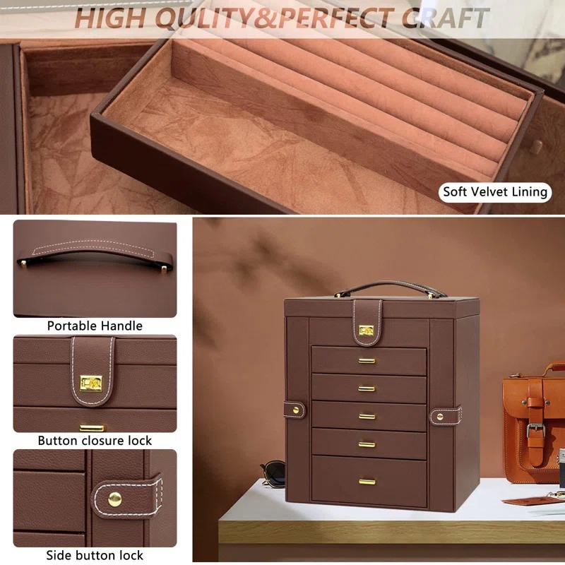 Rosdorf Park Extra Large 6-Tier Jewelry Box Organizer With Mirror, 5 Drawers Leather Jewelry Storage Case Ring Necklace Earring Bracelet Brown