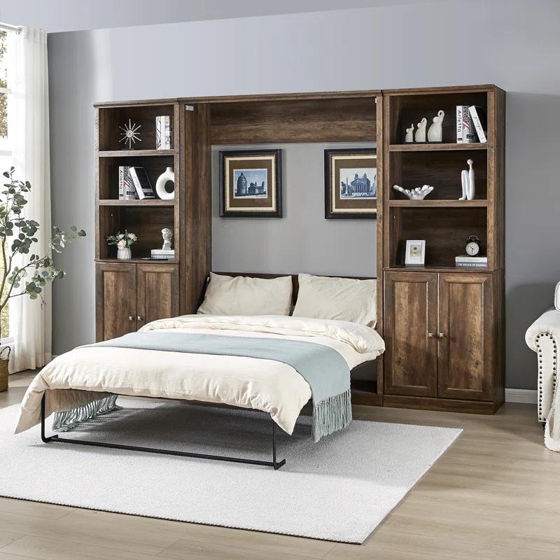 LOONGFIELD Full Size Half Self-Close And Open Murphy Bed With 2 Side Cabinet Storage Shelf, Cabinet Space-Saving Bed Perfect For Guest Room, Bed Room, Guest Room, Home Office