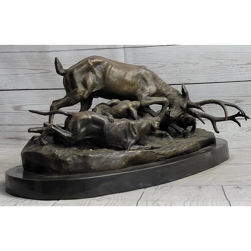 Red Barrel Studio® Sherrie Elk Stag Is Attacked By Pack Of Wild Dogs Bronze Sculpture Statue Antoine Barye Art Decor