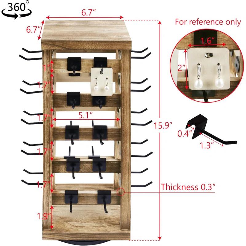 Latitude Run® Design Exquisite Rotating Jewelry Tower- Natural Wood Finish- Showcase And Organize Your Collection With 42 Hooks- Easy Earring Display Stand- 5 Bars On Each Face For Maximum Storage -Oak Color