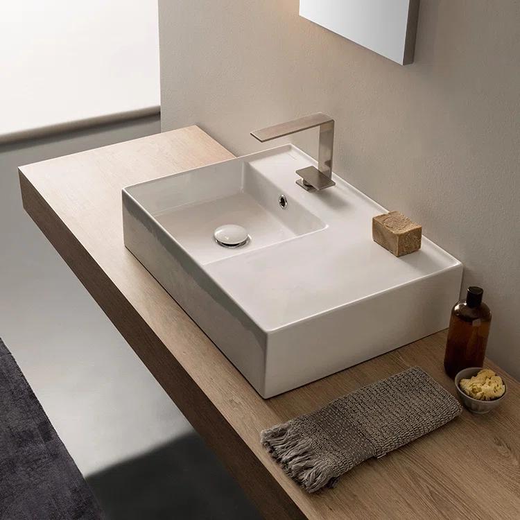 Scarabeo by Nameeks Scarabeo By Nameeks Teorema 17.32'' Bright White Ceramic Rectangular Vessel, Wall Mount Bathroom Sink with Overflow Scarabeo 5114-One Hole