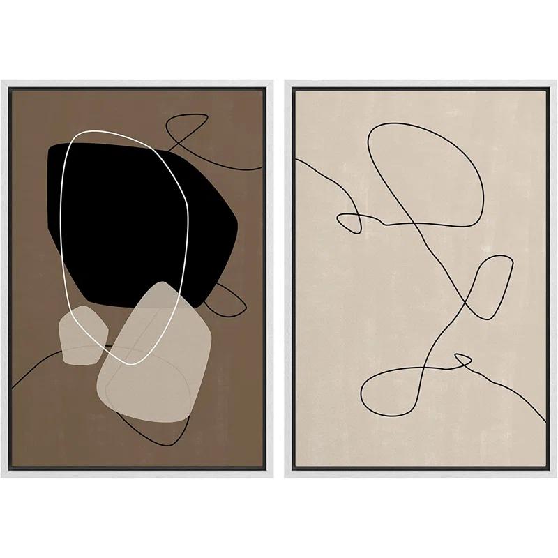 Mid Century Shape "Brown And Black Abstract Neutral Line Chic Framed Canvas Print 2 Pieces Wall Art