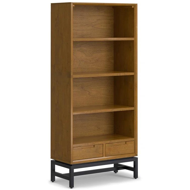 Banting 30"W Solid Wood 4 Shelf Industrial Bookcase with 2 Drawers, Adjustable Shelves, and Metal Base