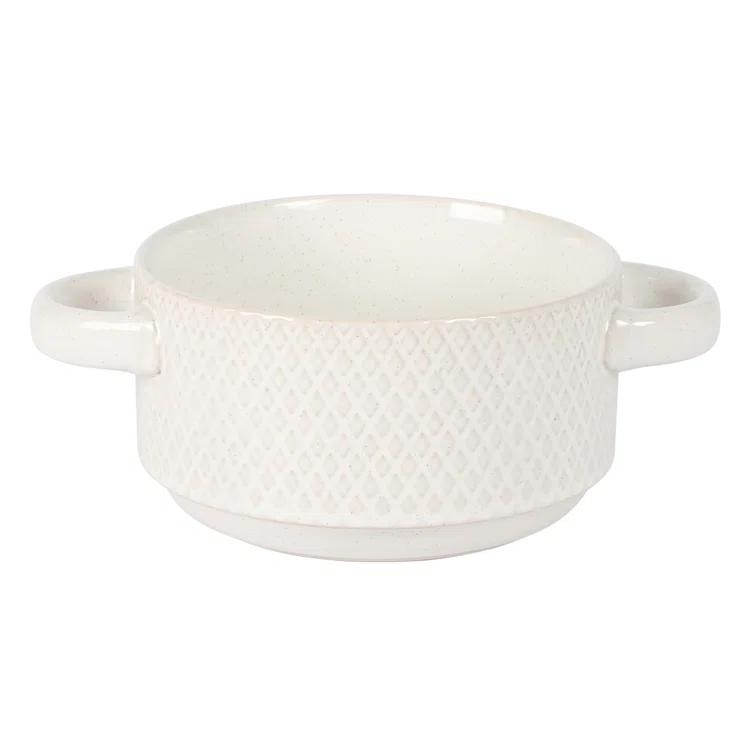 Gibson Elite Gibson Elite Oyster Tide Embossed 6 Inch Soup Bowls with Handles. French Onion Soup Crocks, Stackable Soup Bowl, Chili, Beef Stew Reactive Glaze  Stackable Ceramic Bowl, Set of 4, White