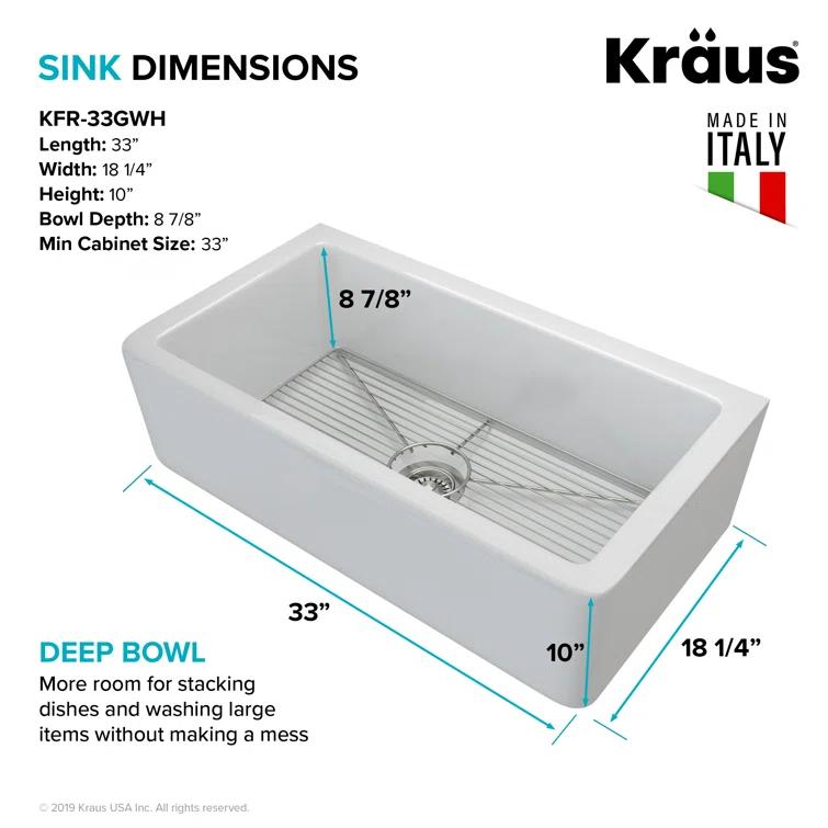 KRAUS Turino™ Reversible 33-inch L Fireclay Farmhouse Flat Apron Front Single Bowl Kitchen Sink with Bottom Grid