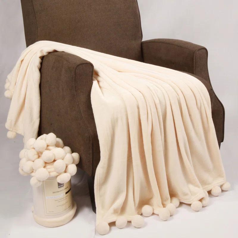 Home Soft Things Flannel Fleece Pom Pom Blanket