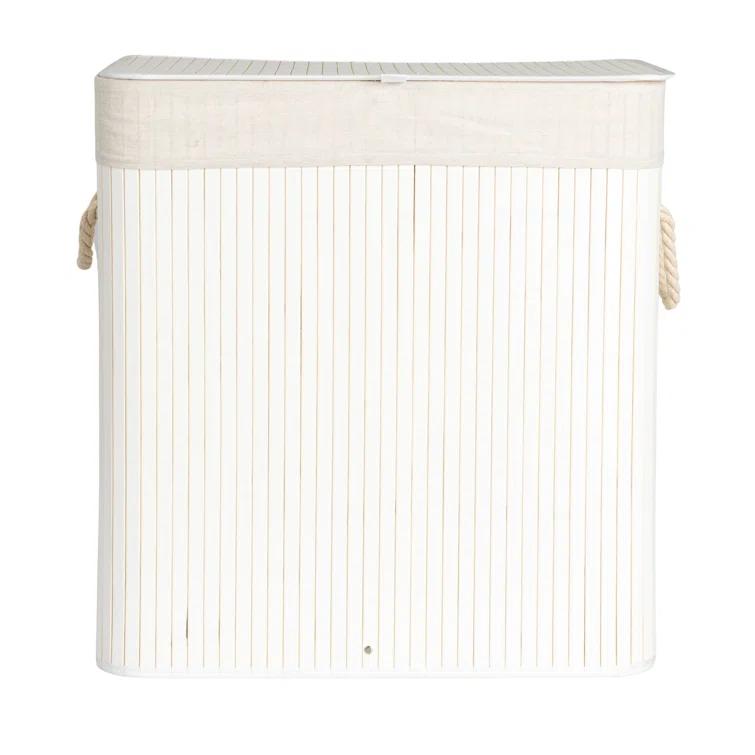 Household Essentials Bamboo Double Laundry Hamper with Rope Handles, Lid and Removable Machine Washable Laundry Bag, 39-Gallons
