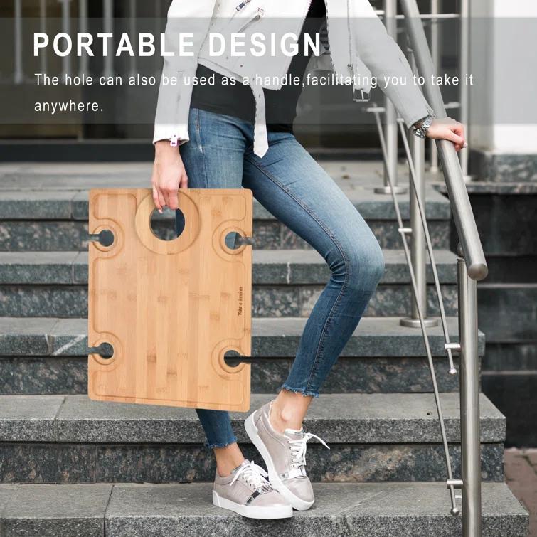 Tirrinia Bamboo Wine Picnic Table, Ideal Wine Lover Gift, Large Folding Portable Outdoor Snack & Cheese Tray for Concerts at Park, Beach