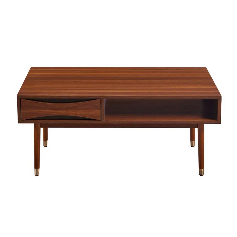 Wrought Studio™ Sabornton 40" Mid-Century Modern Coffee Table with Storage Shelf, Walnut Finish and Brass Leg Tips