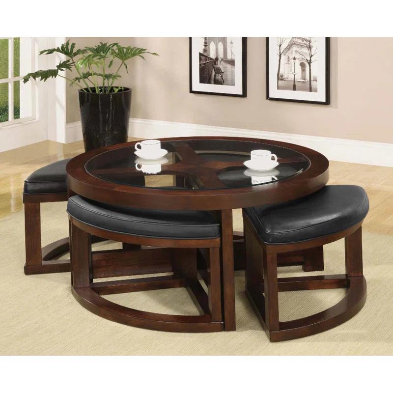 Hokku Designs Dark Walnut Coffee Table Glass Insert Top Ottoman Included Table Set Living Room Furniture