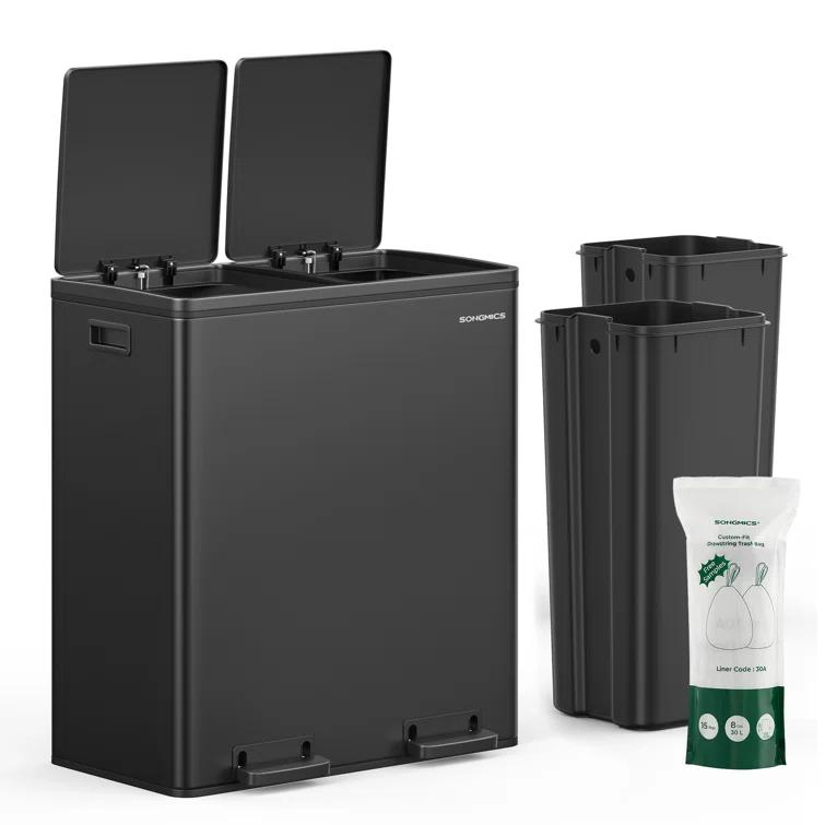 Songmics 2 x 8 Gallon Stainless Steel Multi-Compartments Trash Can with 15 trash bags