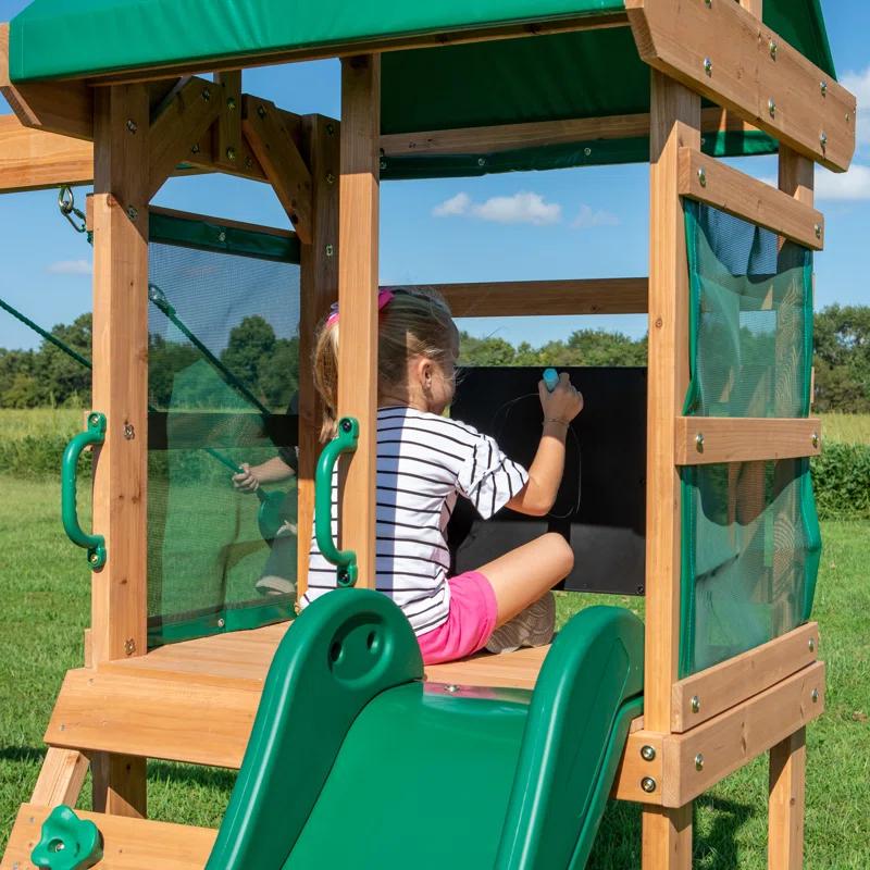 Backyard Discovery Buckley Hill Cedar Wood Swing Set with Wave Slide, Play Deck, Rock Wall Ladder, and Chalkboard & Reviews | Wayfair
