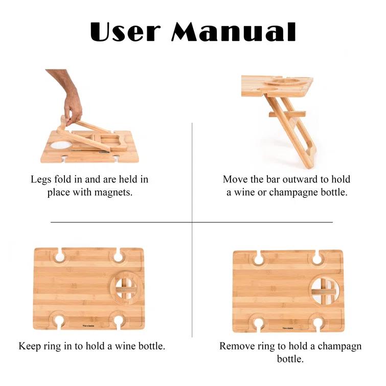 Tirrinia Bamboo Wine Picnic Table, Ideal Wine Lover Gift, Large Folding Portable Outdoor Snack & Cheese Tray for Concerts at Park, Beach