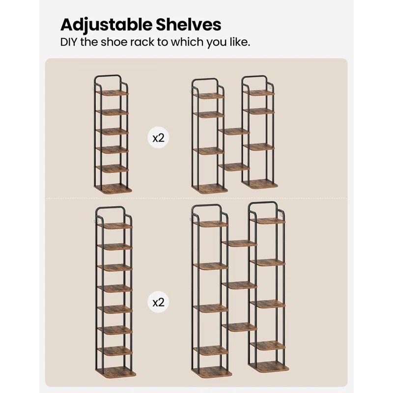 Vertical Shoe Rack, Shoe Shelves, Wood Shoe Organizer For Closet, Entryway, Shoe Tower For Small Spaces, Free Standing, Adjustable, With 2 Hooks, 6 Tier Rustic Brown