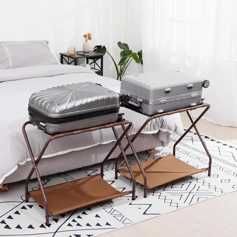 MEBROT Set Of 2, Foldable Suitcase Stands For Guest Room, Metal Luggage Holder With Storage Shelf For Bedroom, Hotel, Easy Assemble