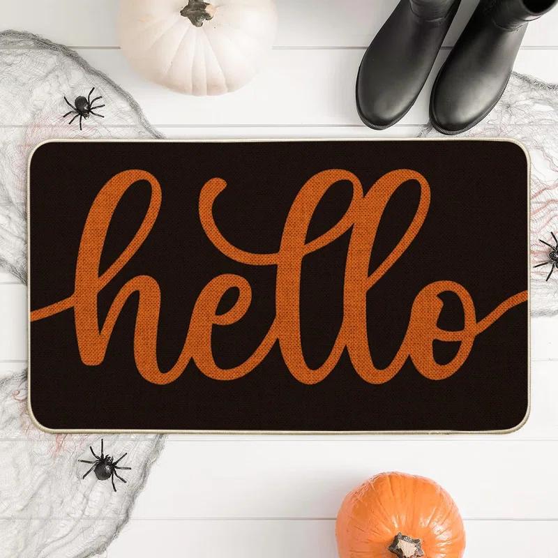 Black Orange Hello Halloween Doormat, Home Decor Low-Profile Switch Rug Door Mat Floor Mat For Indoor Outdoor 17X29 Inch