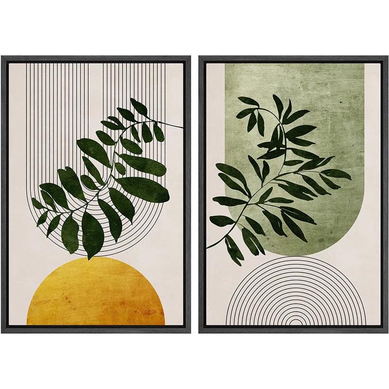 IDEA4WALL Mid Century Modern Boho Green Yellow Bright Plant Art Framed Canvas 2 Pieces Print  Wall Art Set