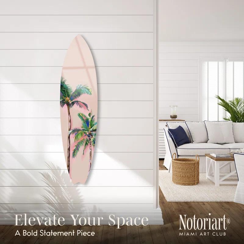 Notori Art Coastal Palm Coral Surfboard Acrylic Coastal Wall Art by Notoriart
