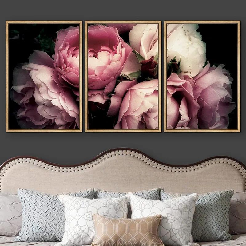 IDEA4WALL Flower Blossom " Pink Rose Peony Bouquet Floral Pictures Large Framed Canvas Print 3 Pieces Wall Art