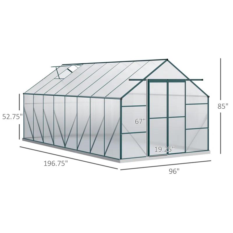 Outsunny 16' X 8' Aluminum Greenhouse Polycarbonate Walk-In Garden Greenhouse Kit With Adjustable Roof Vent, Rain Gutter And Sliding Door For Winter, Clear