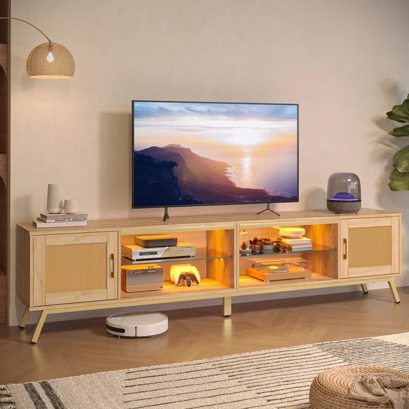 Bay Isle Home™ Alwies 80 inch TV Stand for TVs up to 85", Combinable Entertainment Center with LED Light and Adjustable Shelves, 4-1 Rattan TV console