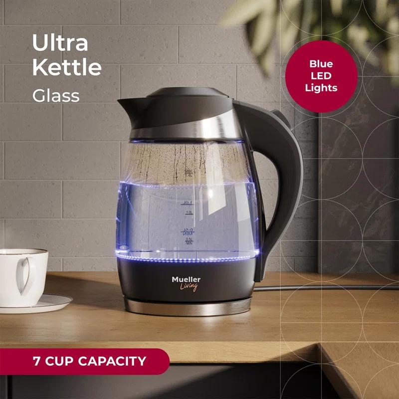MuellerLiving Mueller Living Electric Kettle, Electric Tea Kettle for Boiling Water, 1500W SpeedBoil Teach Automatic Shutoff, 1.8L Cordless with LED Light, Borosilicate Glass Tea Kettle Pot Water Heater, BPA Free