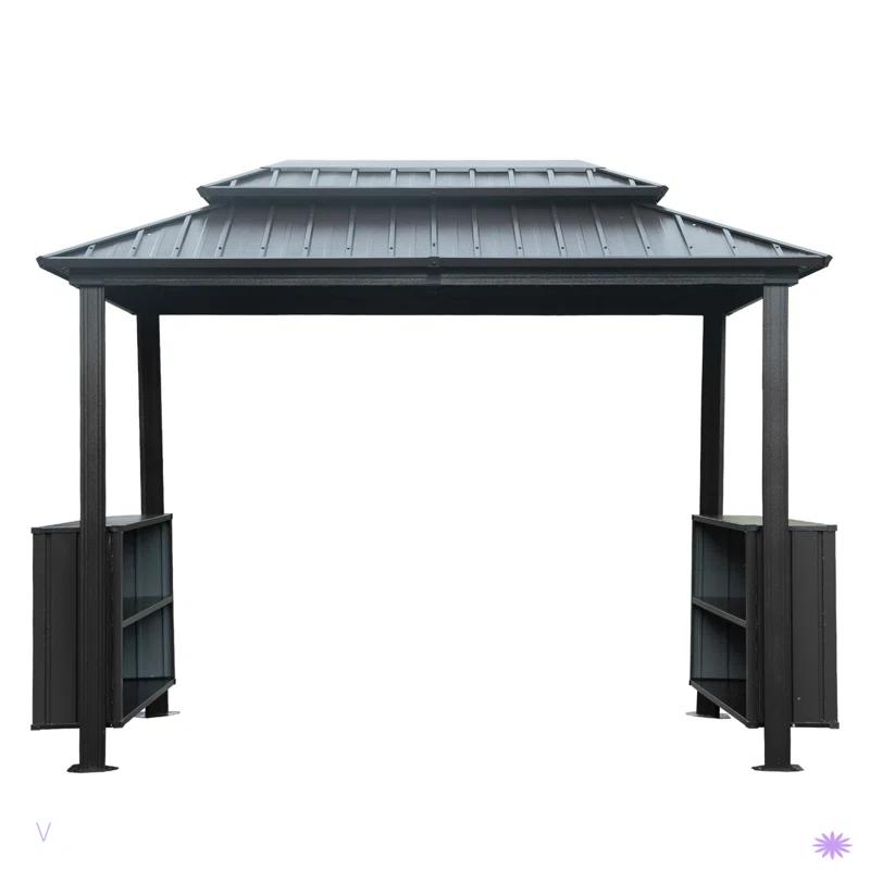 VODYXSEP Hardtop Grill Gazebo, Outdoor BBQ Gazebo With Double Galvanized Steel Roof, Patio Grill Canopy With 2 Cabinets And Ceiling Hooks For Backyard, Lawn, Garden