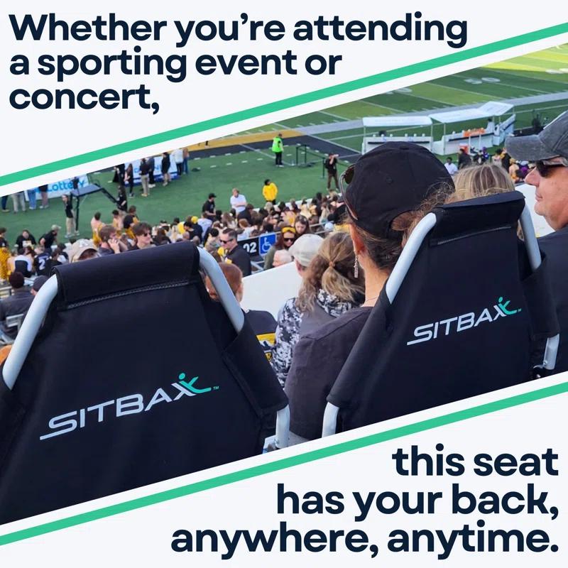 Sitbax SitBax Black Padded Bleacher Seat – The Ultimate Reclining Stadium Chair with Full Back & Neck Support and 360° Swivel – Lightweight, Foldable, and Portable with Backpack Straps - Patent Pending