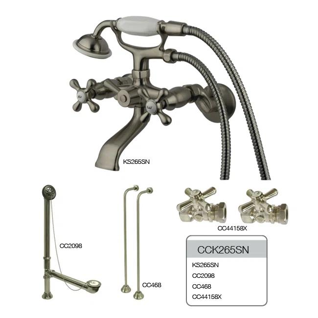 Kingston Brass CCK265SN Kingston Brass Vintage Two-Handle 2-Hole Tub Wall Mount Clawfoot Tub Faucet Package with Supply Line, Hand Shower and Tub Drain
