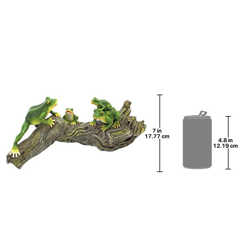 Playful Green Tree Frogs on Log Garden Statue