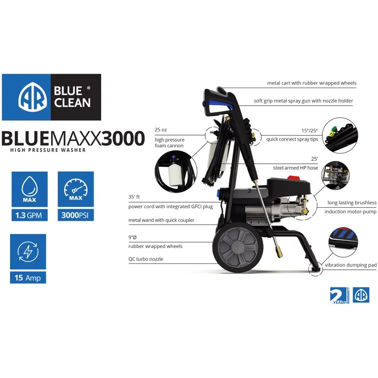 AR Blue Clean AR Blue Maxx, Maxx 3000 Electric Pressure Washer, 3000 PSI, 1.3 GPM