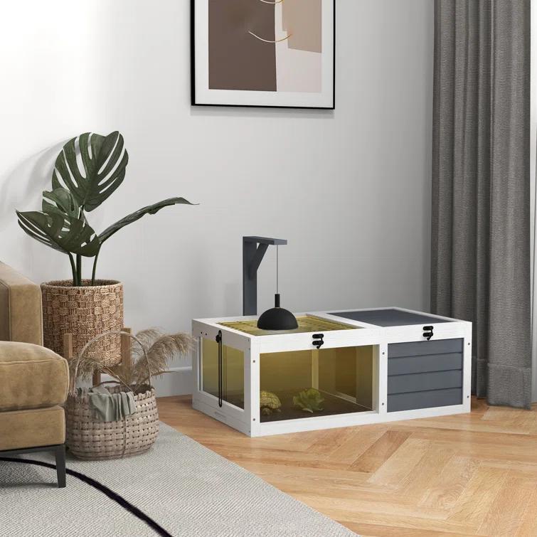 Tucker Murphy Pet™ Tortoise Habitat, Wooden Tortoise House, Indoor Outdoor Tortoise Enclosure With Lamp Holder, Pull-Out Waterproof Trays, Openable Lids, Gray