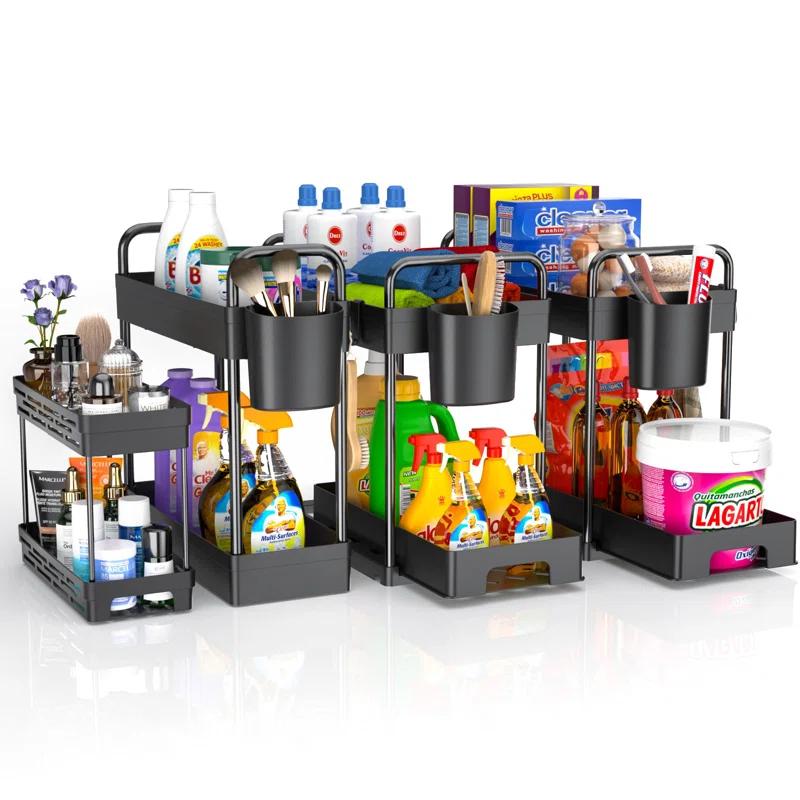 4 Pack Under Sink Organizer And Storage - Stackable 3 Size 2 Tier Bathroom Under The Sink Organizers Multi-Usage Kitchen Cabinet Organizers And Storage Sink Bath Shelf Baskets