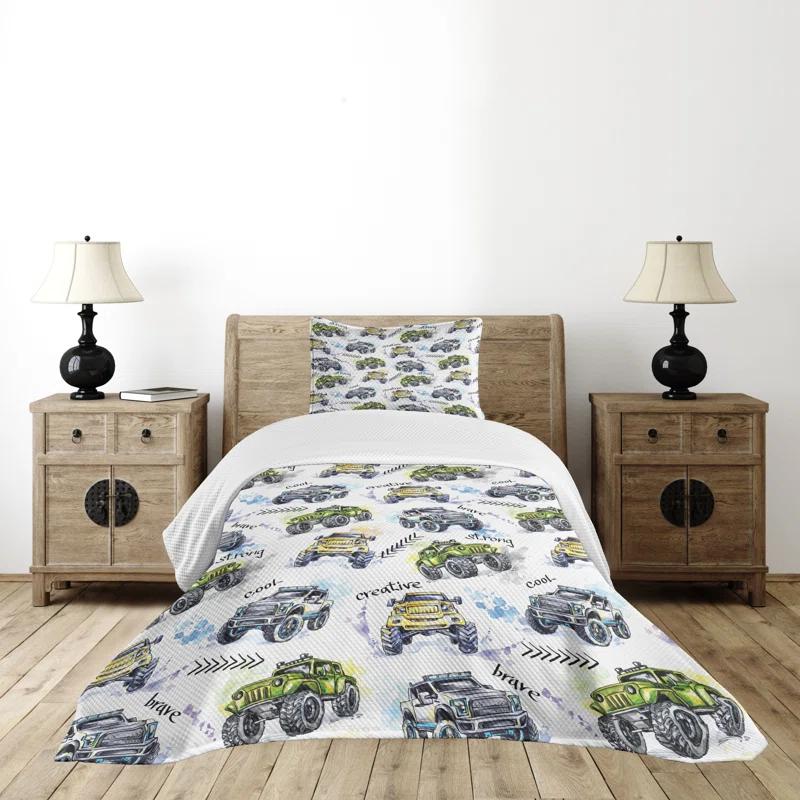 Ambesonne Ambesonne Cars Bedspread Set Hand Drawn Monster Truck Yellow Lavender Blue