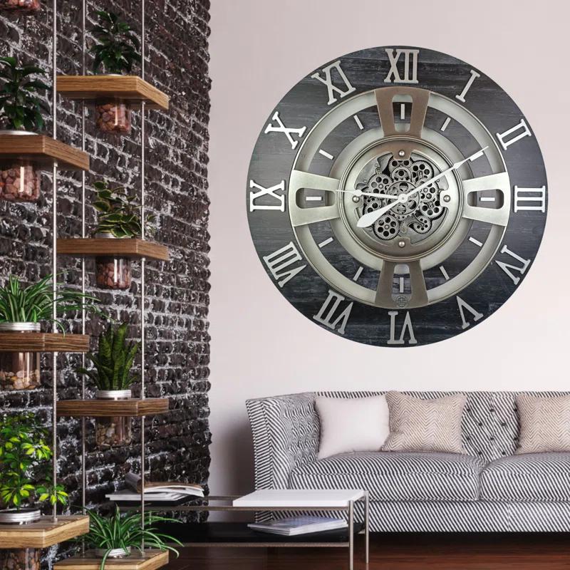 THE GEARS CLOCK Wall Clock with Real Moving Gears EN-LI_ 36 in Round Vintage-Black