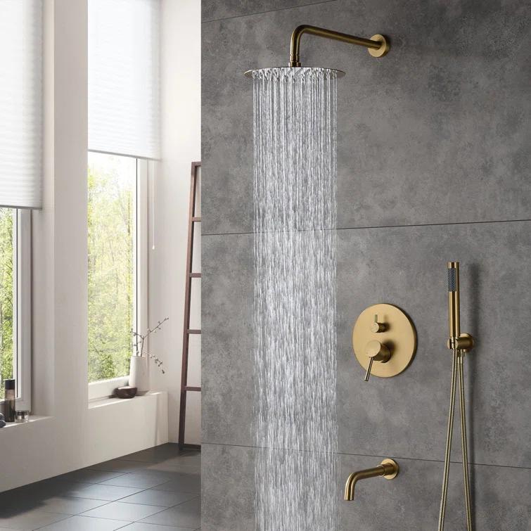 clihome Luxury Wall-Mounted 3-Function Shower System Solid Brass Mixer Valve, 1.8 GPM Flow & Dual Showerheads with Rough-in Valve DM6612GNI