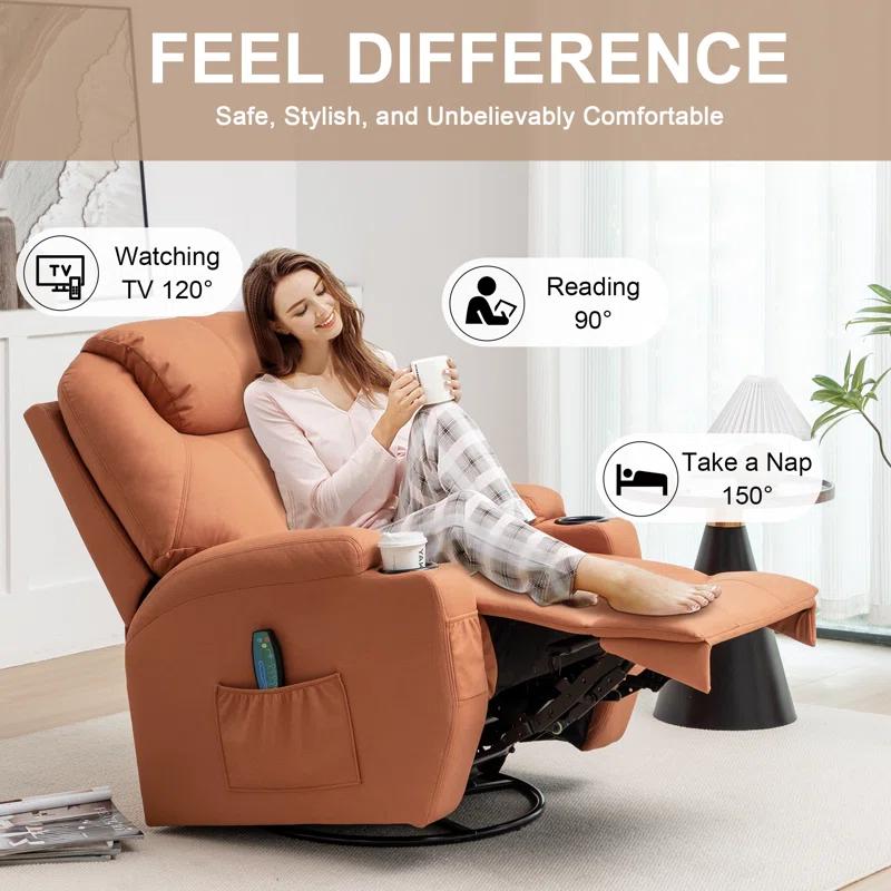 Recliner Chair, Rocking Chair with Massage and Heat, 360° Swivel Recliner Chairs for Adults, Rocker Manual Recliner with Remote Control and Cup Holder for Living Room