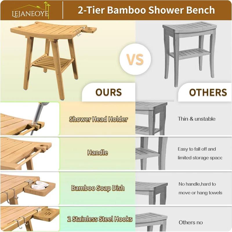 Red Barrel Studio® Bamboo Shower Bench Stool, Shower Chair For Inside Shower With 2-Tier Storage Shelf, Waterproof Shower Seat For Shaving Legs, Spa Bathroom Shower Bench