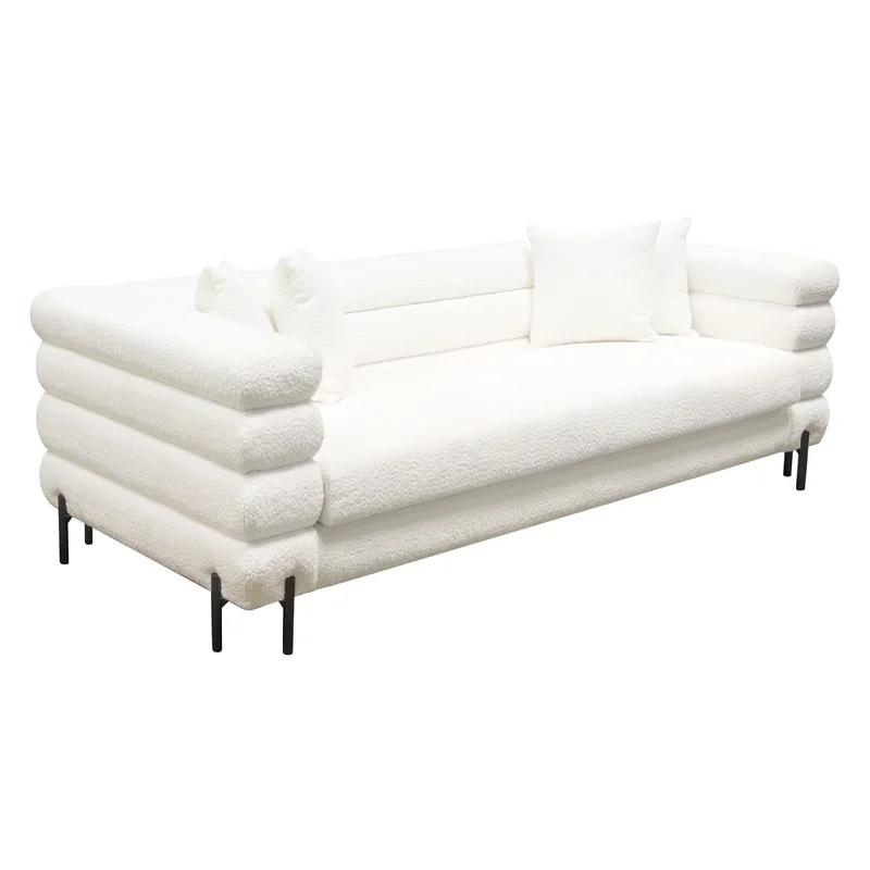 91.25'' White Tufted Fabric Sofa with Metal Legs