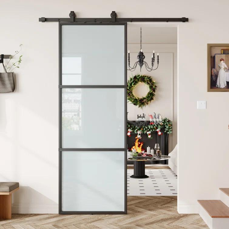 TREEBLING 84" Metal and Glass Sliding Barn Door with Two-Way Soft Close and Installation Hardware Kit
