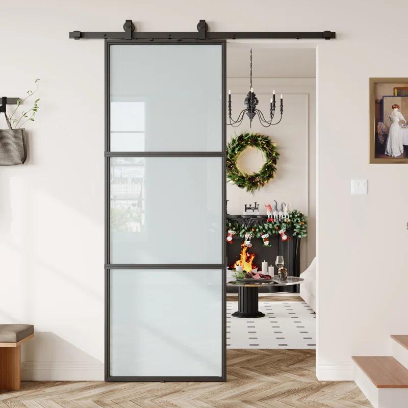 TREEBLING 84" Metal and Glass Sliding Barn Door with Two-Way Soft Close and Installation Hardware Kit