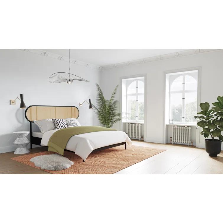 King Black Pine Wood Frame Bed with Rattan Headboard